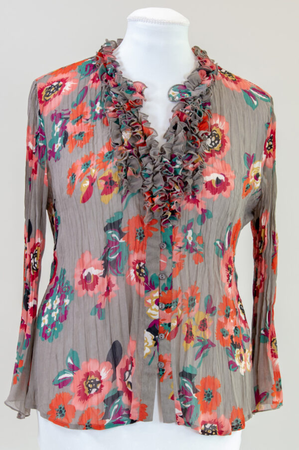 sheer colorful blouse with ruffles