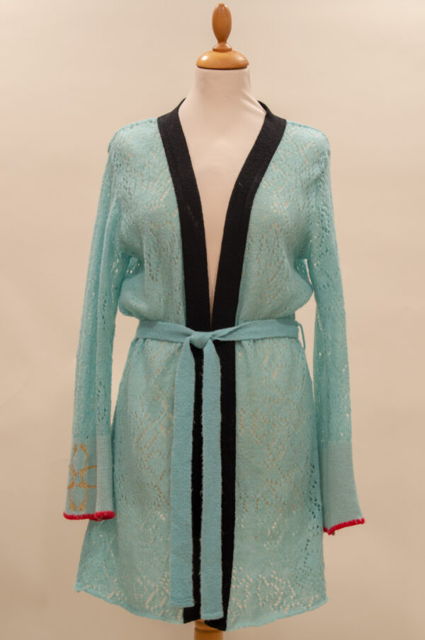 St-martins long knitted cardigan in turquoise.