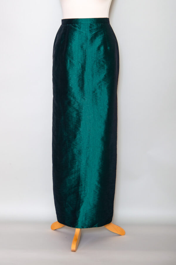 Long festive dark green straight-cut taffeta skirt