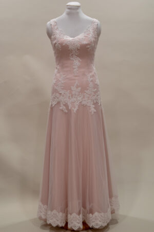 off-white lace wedding dress with pale pink lining