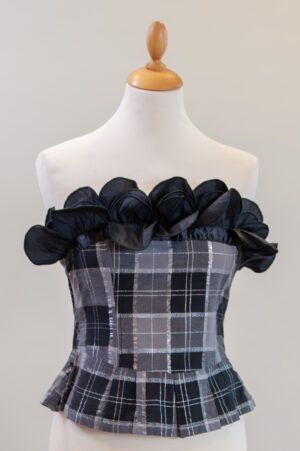 checked corsage top with ruffles
