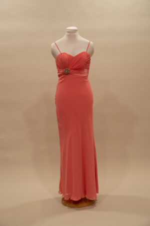 coral pink chiffon maxi dress with asymmetric design
