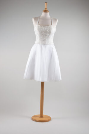 small off-white dress with corded lace bodice and organza skirt