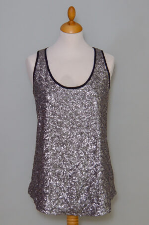 sleeveless top with a satin back and sequined fabric on the front panel