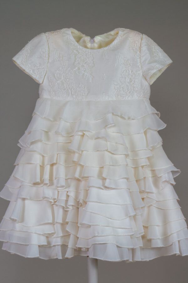 formal children's dress with a lace top and a ruffled chiffon skirt