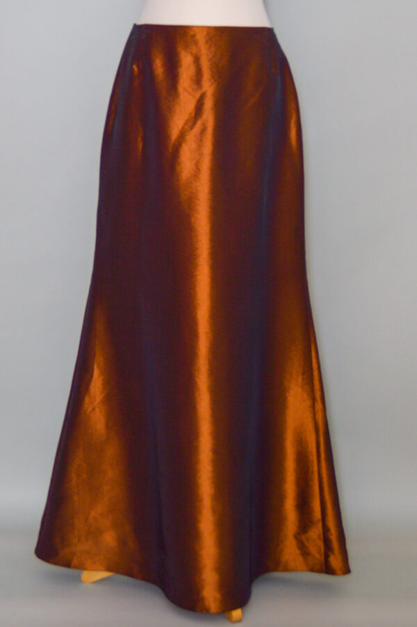 Long festive brown fishtail cut taffeta skirt