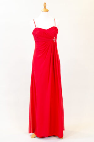 red chiffon dress with asymmetric design