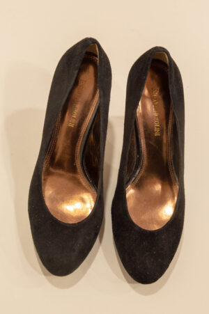 Black suede round toe platform shoes.