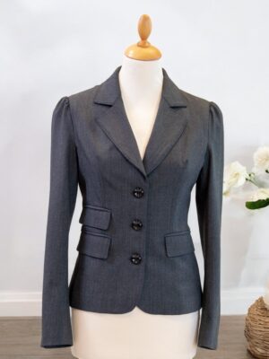 A dark gray suit jacket with a classic cut and a fitted silhouette.