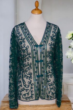 retro-style dark green lace cardigan