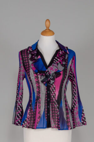 pleated colorful chiffon blouse with ruffles in neckline