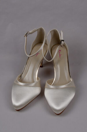 Rainbow satin wedding shoes with an almond-shaped toe.