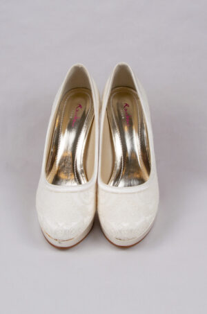Rainbow fabric wedding shoes with a round toe.
