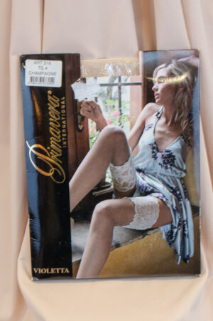 Thin elastic stay-up stockings in champagne color with a wide (16 cm) lace edge.