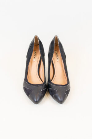 Black shoes with an almond-shaped toe.