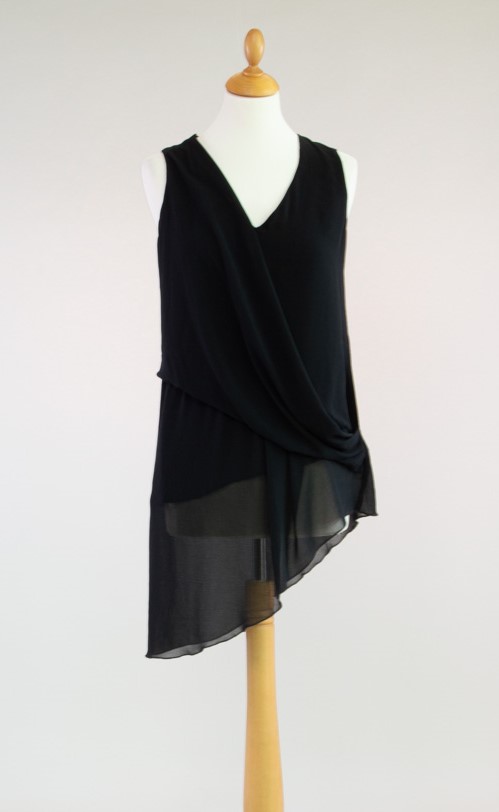 Multi-layered black chiffon tunic with asymmetric design