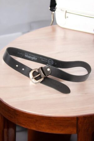 Wrangler black leather belt with silver buckle.