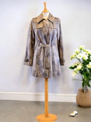 Beige printed fabric trench coat.