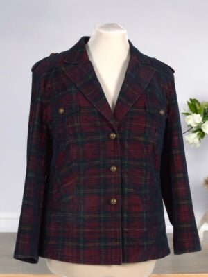 A plaid velvet jacket in a sporty style.