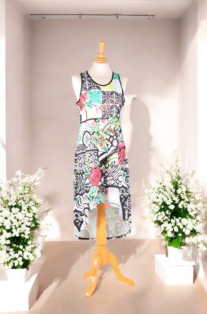 Desigual open-cut multicolored jersey dress with asymmetrical hem.