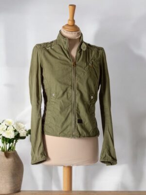 Green unlined jacket with sporty design.