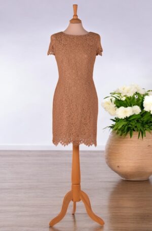 Classic straight-cut light brown lace dress.